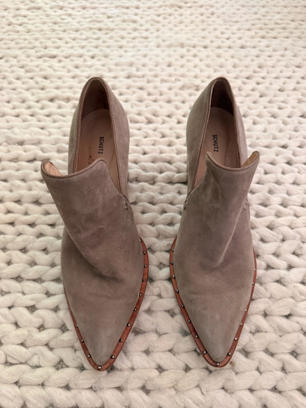 Schutz Krosbie Neutral Suede Block Heel Pointed Toe